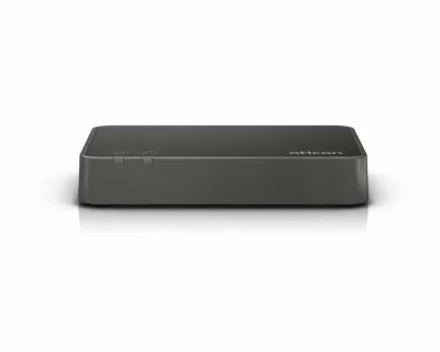 The Oticon ConnectLine Phone adapter 2.0 is a rectangular black electronic device with a smooth surface, two front buttons, and an "oticon" label in the top right corner.