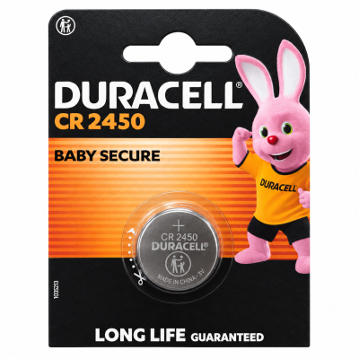 A CR2450 Button cell battery in retail packaging, featuring a pink cartoon rabbit mascot.